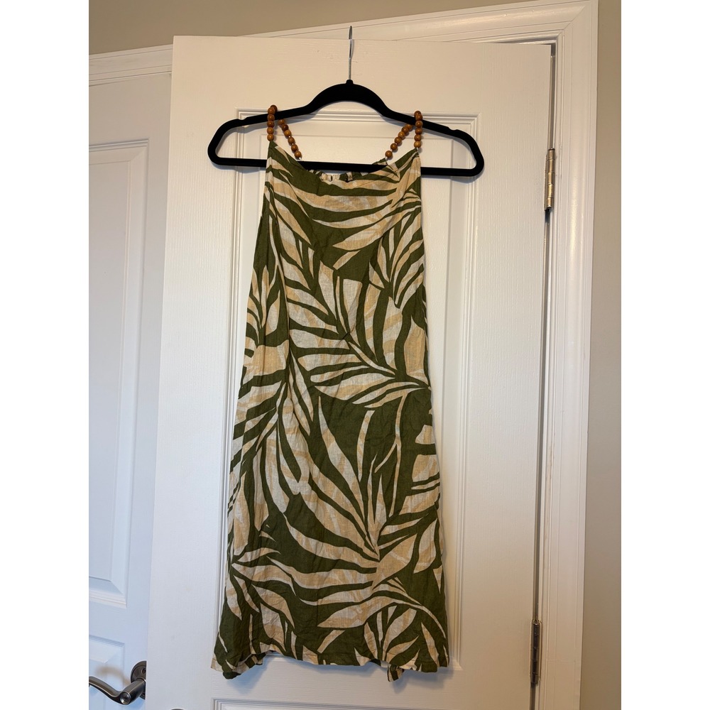 Tahari Green Tropical Palm Print Linen Blend Mini Dress Wooden Bead Straps Sz S